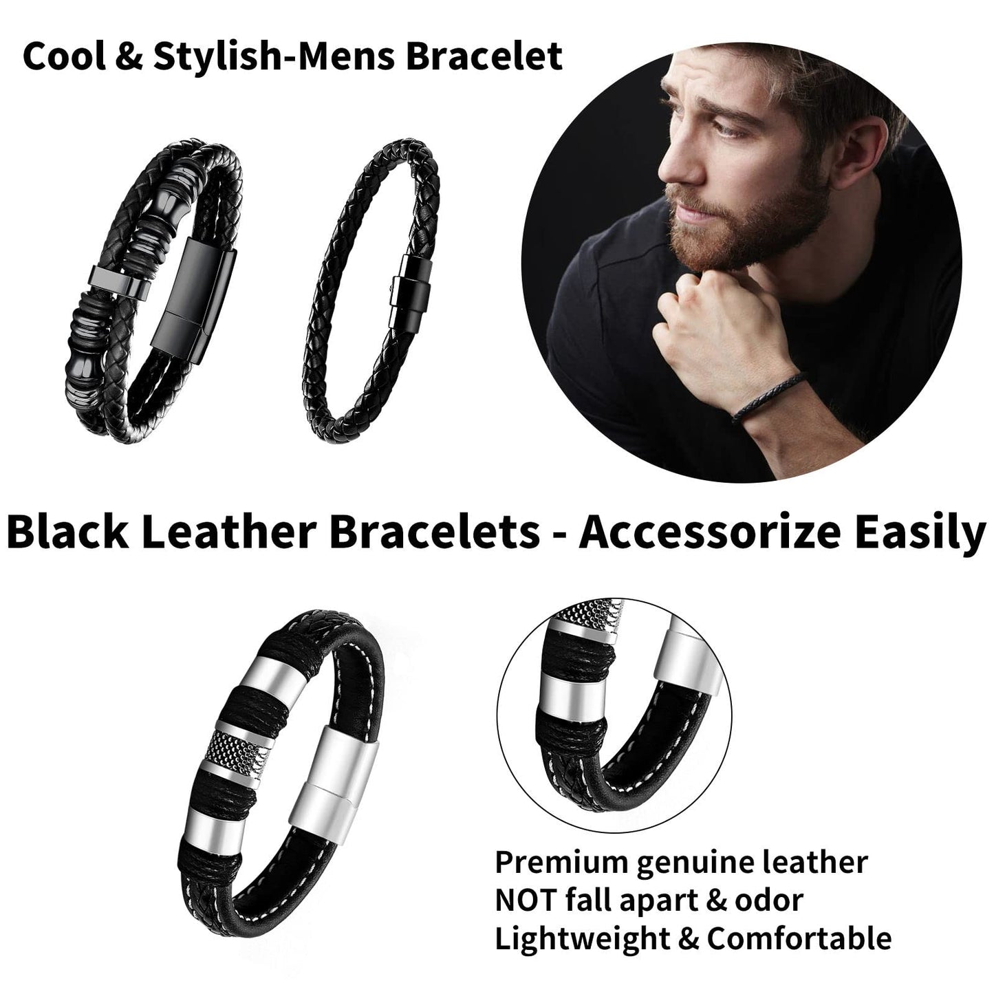 Black Leather Bracelets for Men Women 5pcs Mens Bracelet Leather and Steel Braided Cuff Bracelets