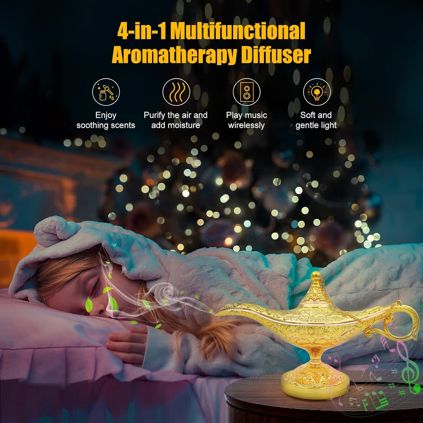 Essential Oil Diffuser Gift Set, 4 in 1 Aladdin Aromatherapy Diffusers with 6pcs Essential Oils, Ultrasonic 250ml Genie Bedroom Diffuser with Bluetooth Speaker, 8 LED Diffuser for Room