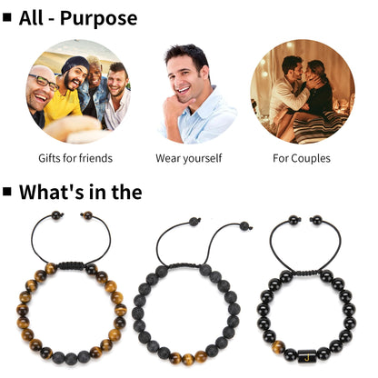 Initials Bracelets for Men Letter Link Handmade Natural Black Onyx Tiger Eye Stone Beads Braided Rope Meaningful Bracelet