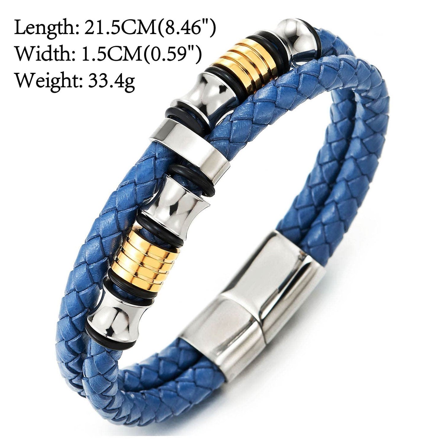 COOLSTEELANDBEYOND Mens Double-Row Braided Leather Bracelet Bangle Wristband with Stainless Steel Ornaments