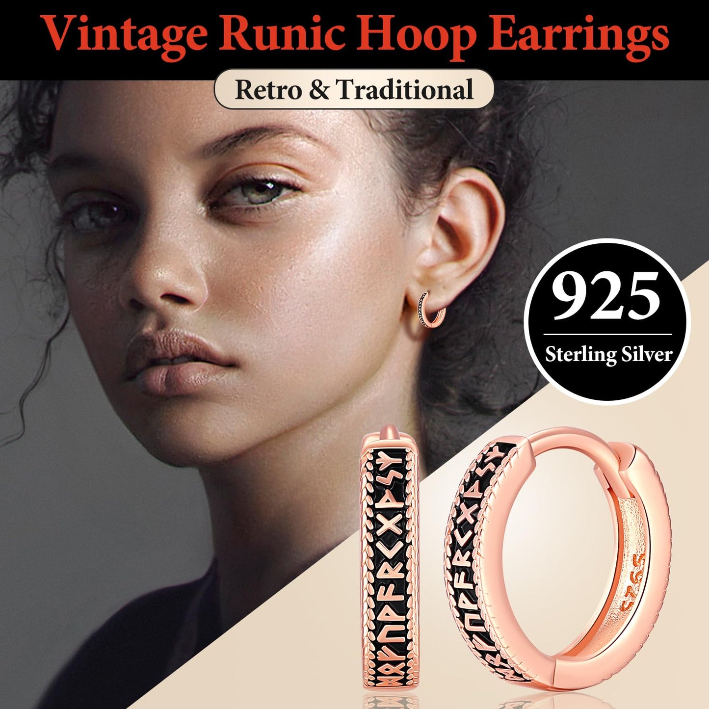 Odinstone Viking Earrings for Men Women, Norse Viking Hoop Earrings Rune Hollow-Carved Design 925 Sterling Silver Huggie Hoops Earrings Jewelry Gift