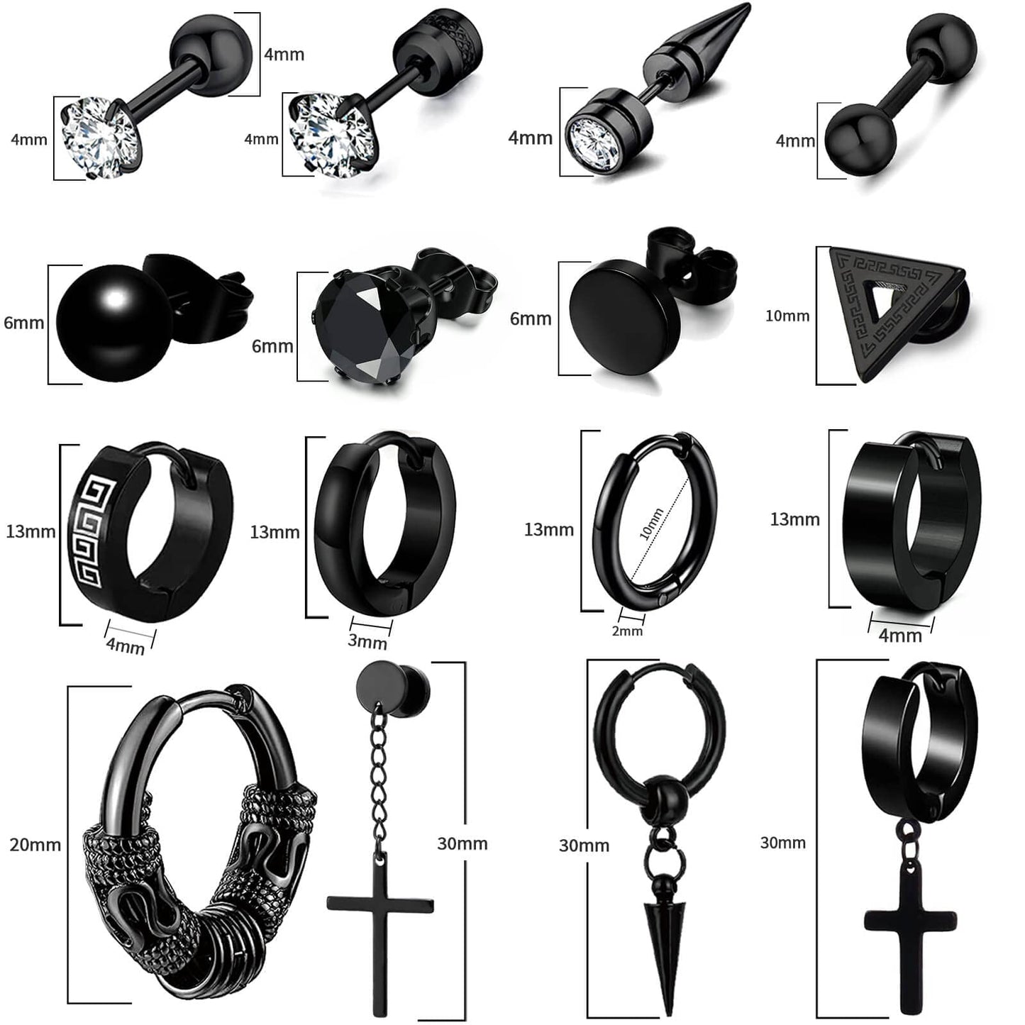 16 Pairs Men Earrings Set - Black Stainless Steel Cross Dangle Hoop & Ear Stud Fashion Piercing Jewelry for Birthdays, Parties & More