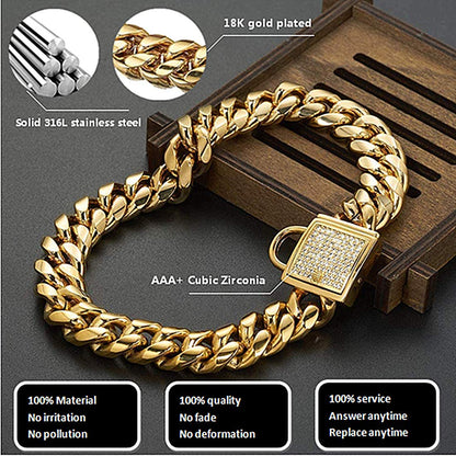 Gold Dog Chain Collar 10mm Wide Cuban Link Puppy Collar 316L Stainless Steel with CZ Diamond Lock Bling Collar for Large Medium Small Dogs(10mm Gold,10inches)