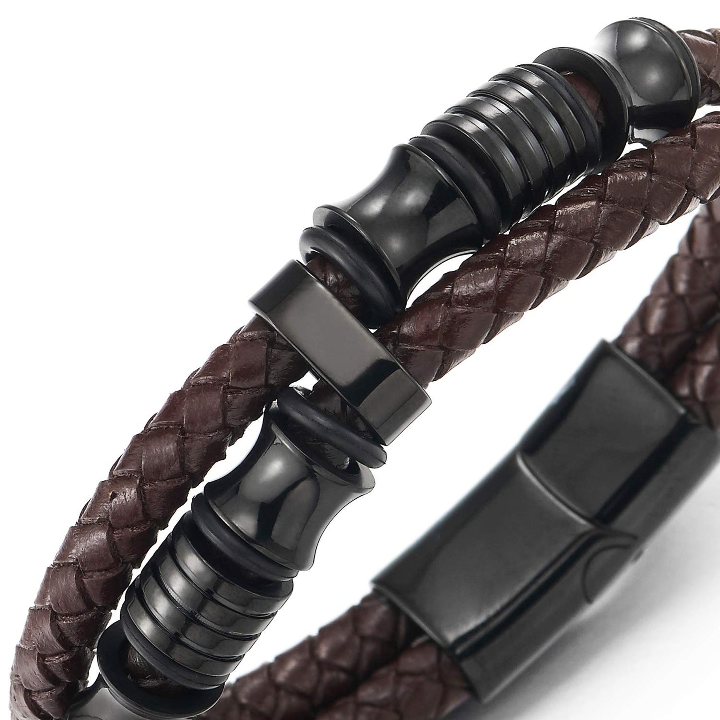 COOLSTEELANDBEYOND Mens Double-Row Braided Leather Bracelet Bangle Wristband with Stainless Steel Ornaments