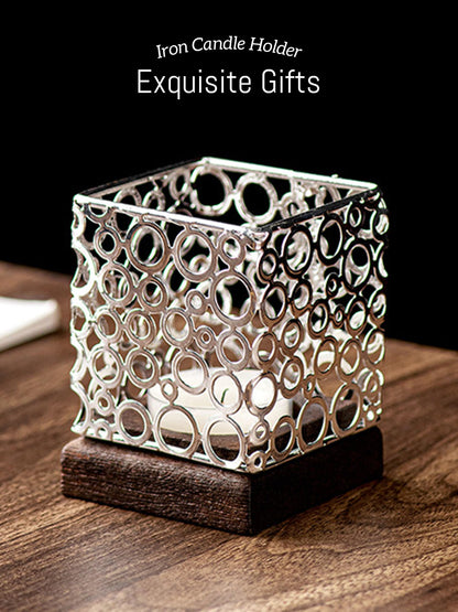 Candle Holder with Iron Shade Wooden Base for Dining Room, Table, Living Room and Wedding Decorations, Fun Gift for Men, Women and Children Sliver