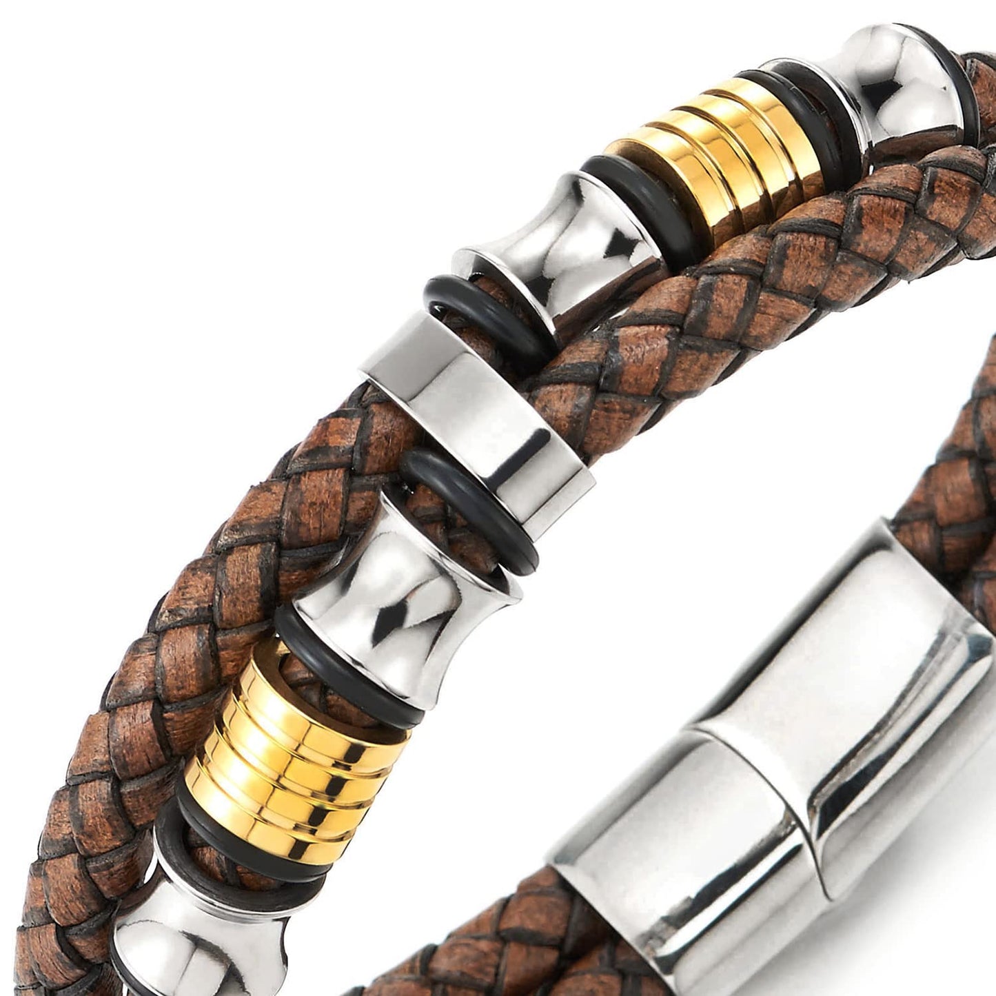 COOLSTEELANDBEYOND Mens Double-Row Braided Leather Bracelet Bangle Wristband with Stainless Steel Ornaments