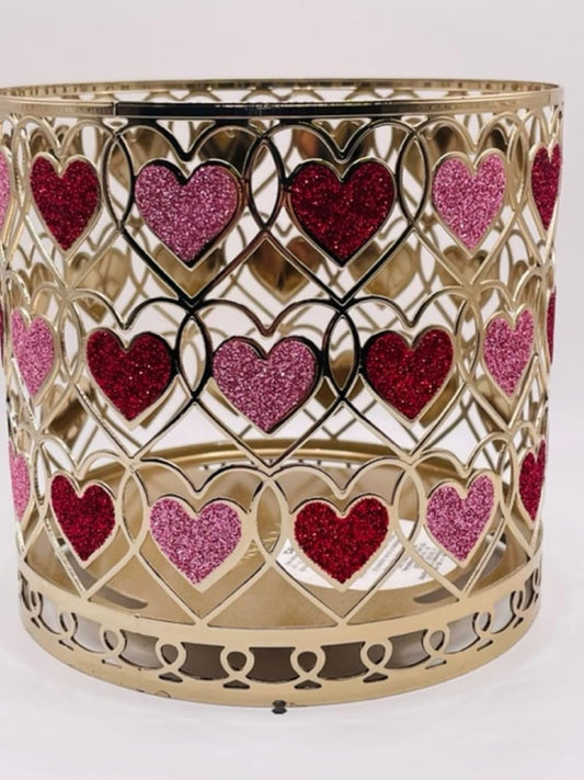 Silver Pink Red Silver Glitter Hearts 3 Wick Candle Sleeve White Barn Valentines Day Holder