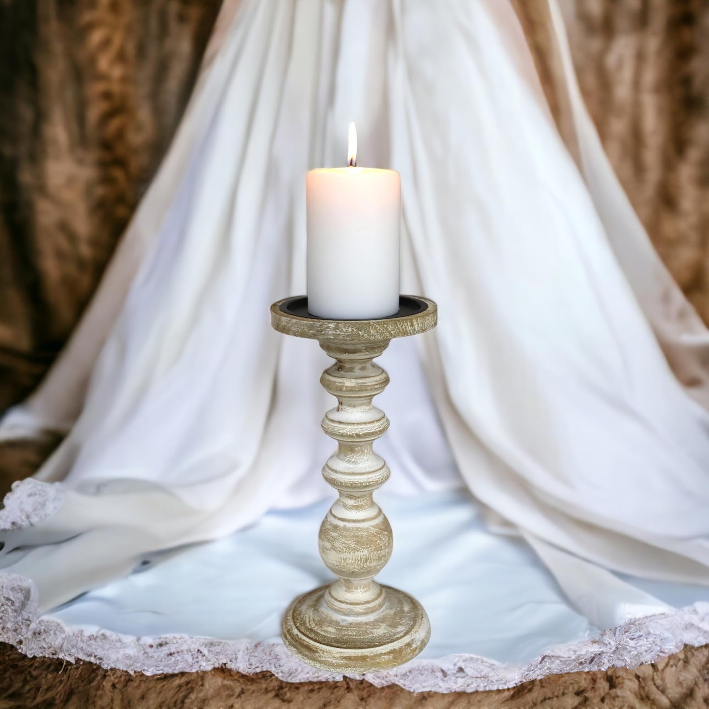 Hosley White Wooden Pillar Candle Holder Country Style 7 Inch High Ideal Gift for Wedding Party Special Occasion or as a Candle Holder W1