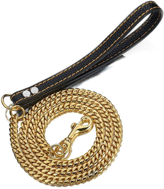 Strong Dog Chain Gold Leash Long 3FT 4FT 5FT 18K Gold Plated Stainless Steel 12mm Curb Cuban Link Dog Leash with Comfortable Genuine Leather Handle(Gold, 3FT)