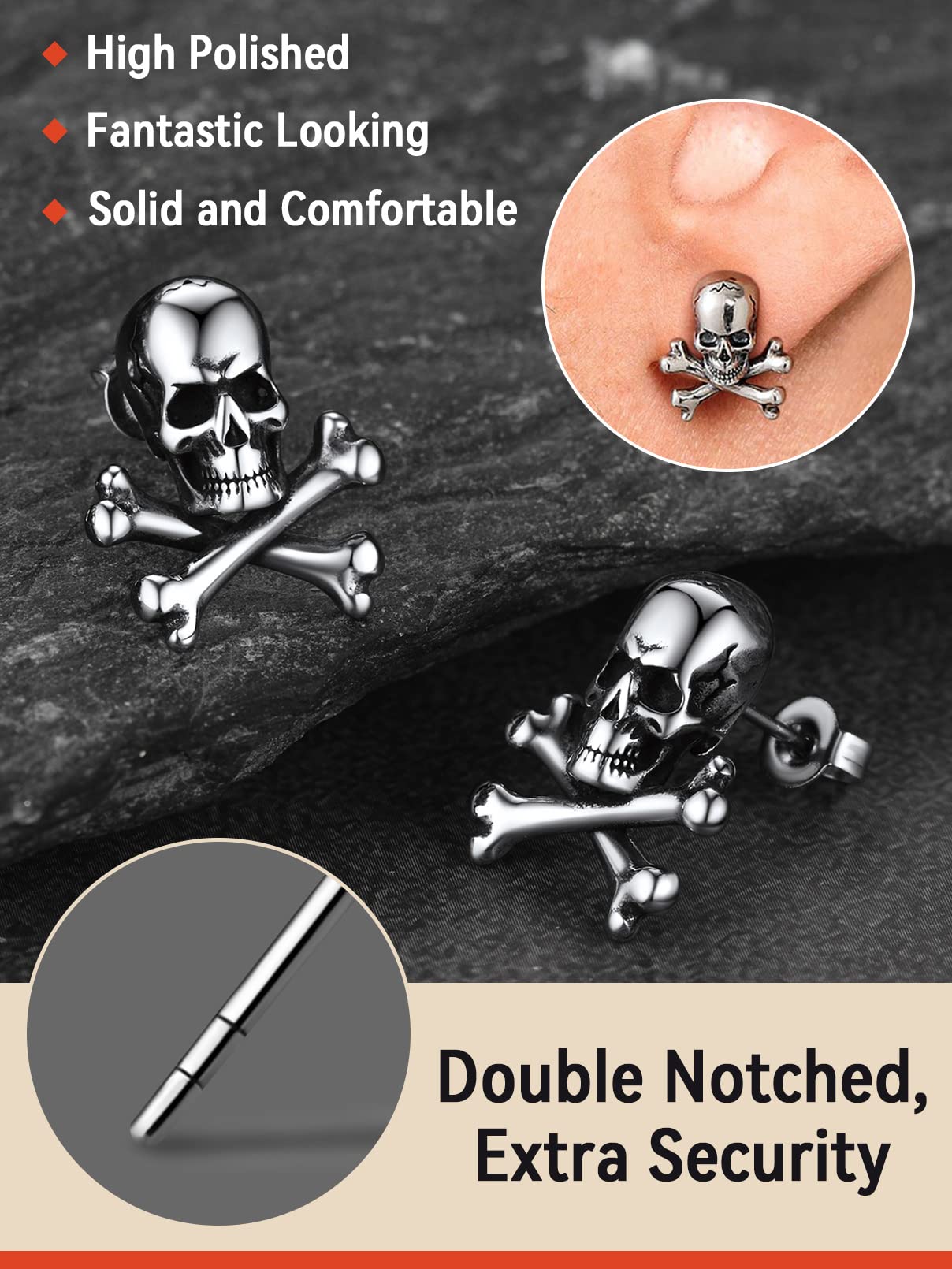 FaithHeart Punk Skull Earrings Stainless Steel/18K Gold Plated Gothic Skeleton Stud/Hoop Earrings for Women Man with Gift Packaging