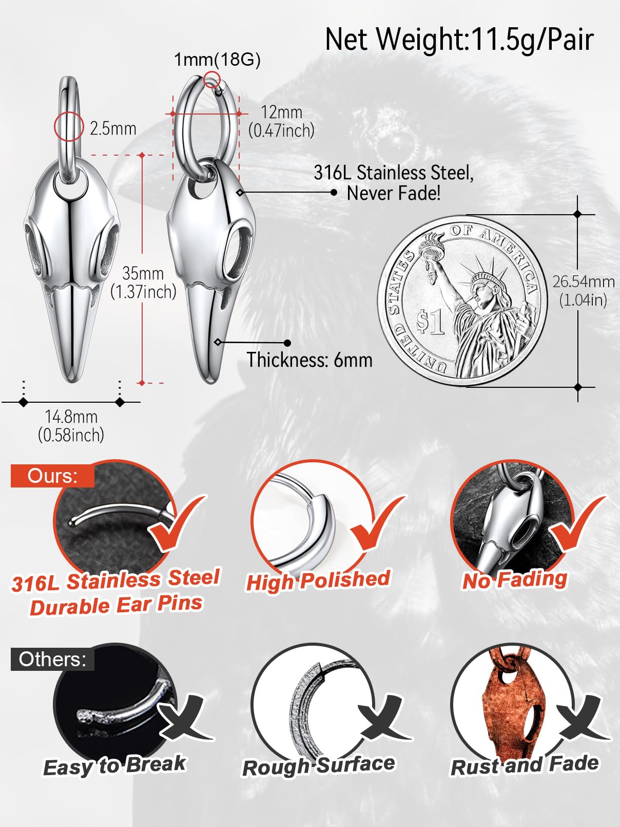 FaithHeart Raven Stud Earrings for Women Men, Stainless Steel Punk Gothic Norse Viking Crow Ear Studs with Delicate Gift Packaging