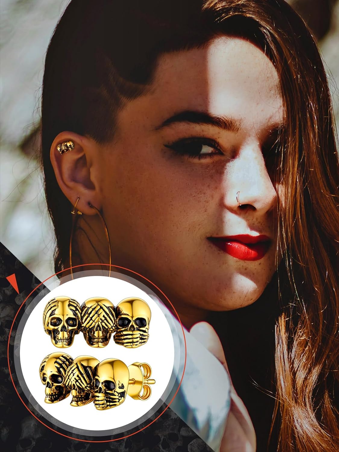 FaithHeart Punk Skull Earrings Stainless Steel/18K Gold Plated Gothic Skeleton Stud/Hoop Earrings for Women Man with Gift Packaging