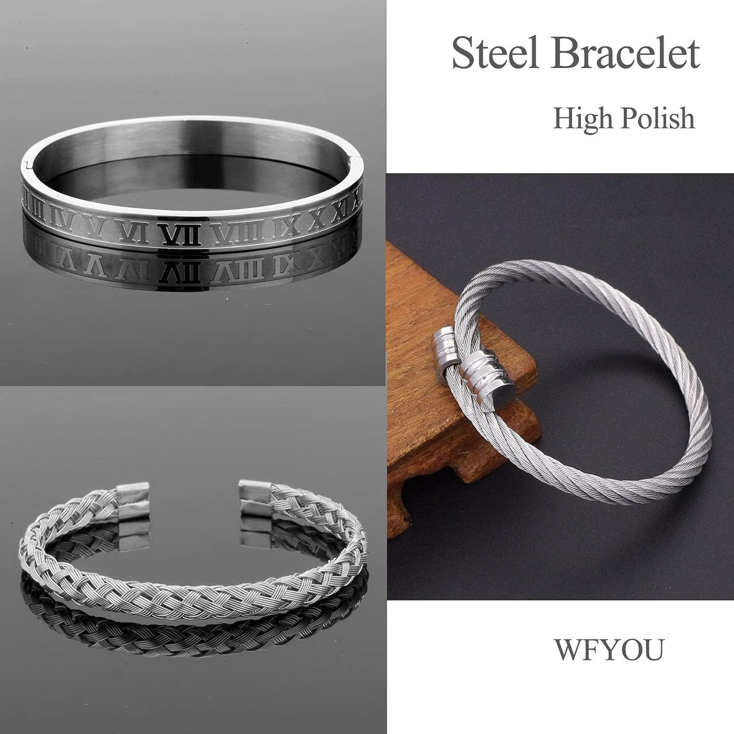 WFYOU 3PCS Stainless Steel Bracelets for Men Gold Roman Numeral Bangle Bracelet Twisted Cable Bracelet Adjustable Cuff Bracelet Mens Luxury Jewelry Bracelets Gifts