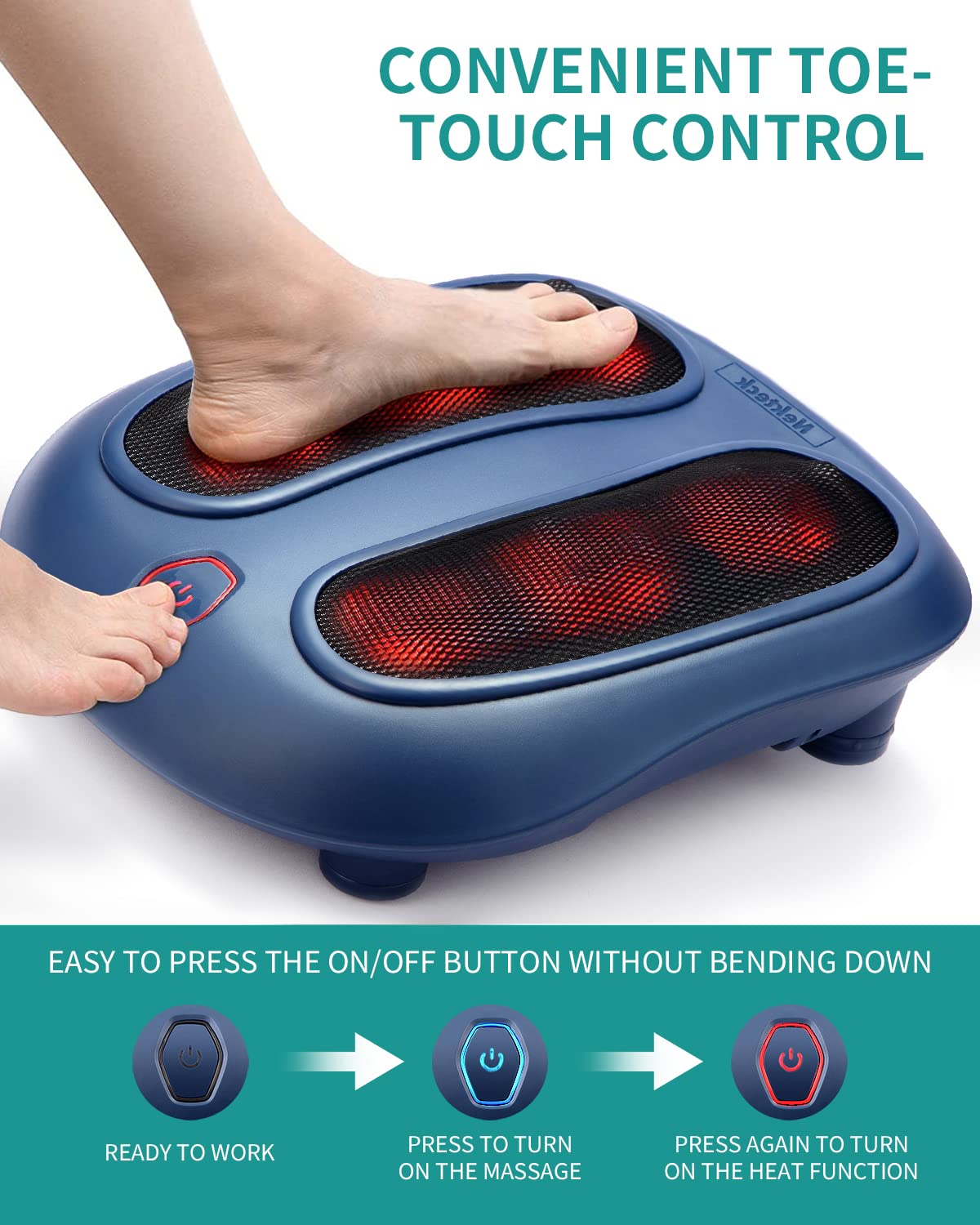 Nekteck Foot Massager with Heat, Shiatsu Heated Electric Kneading Foot Massager Machine for Plantar Fasciitis, Built-in Infrared Heat Function and Power Cord (Black)