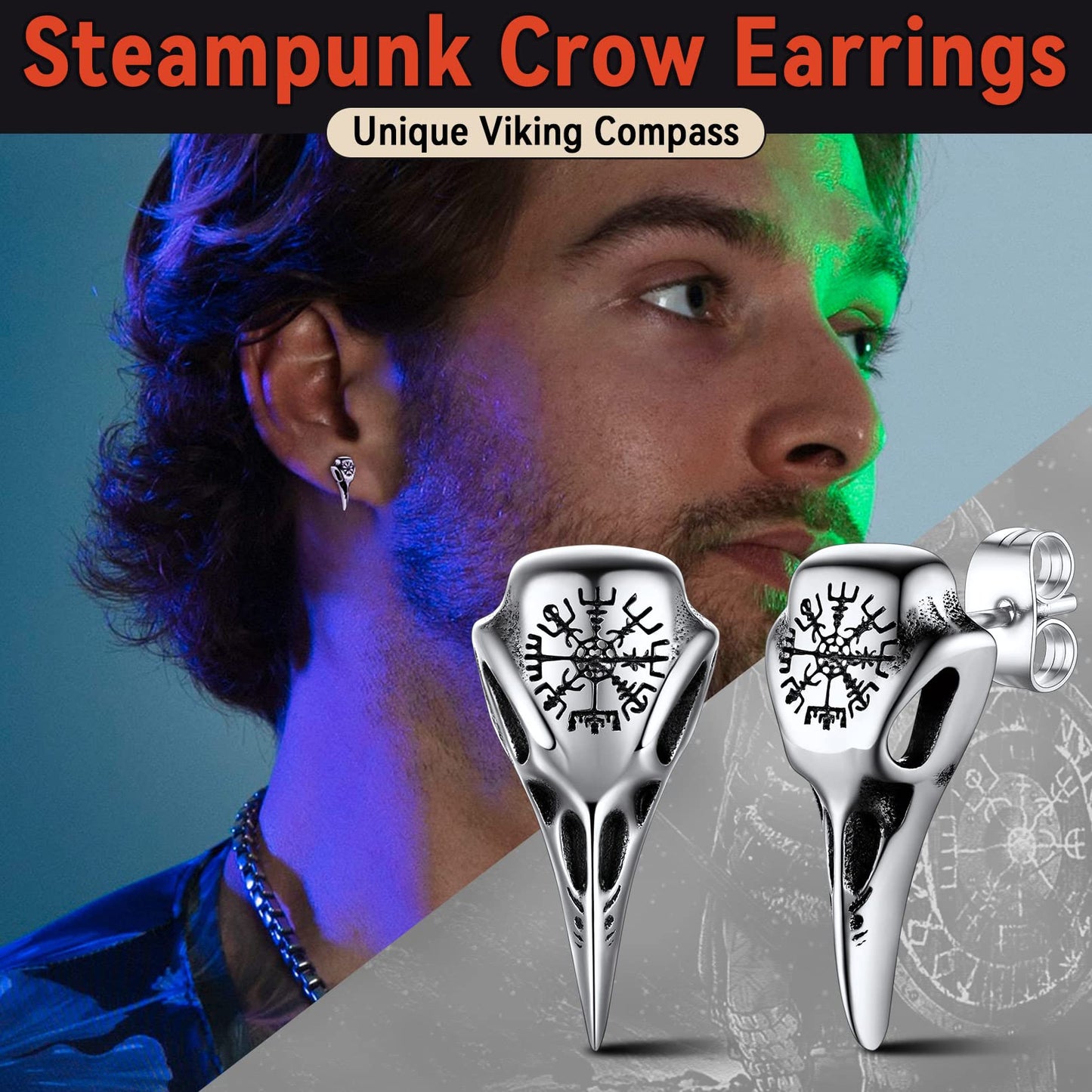 FaithHeart Raven Stud Earrings for Women Men, Stainless Steel Punk Gothic Norse Viking Crow Ear Studs with Delicate Gift Packaging