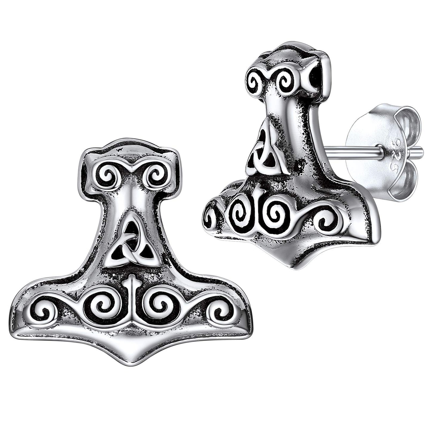 FaithHeart Norse Viking Jewelry Sterling Silver/Stainless Steel Stud Earrings Celtic Wolf/Thors Hammer Studs for Women Men