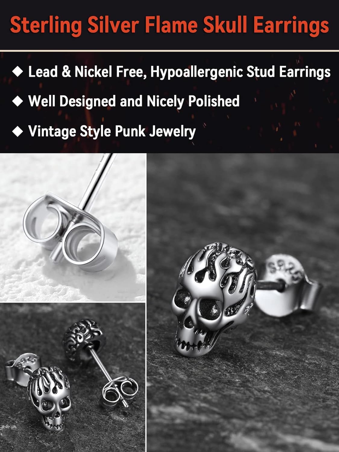 FaithHeart Punk Skull Earrings Stainless Steel/18K Gold Plated Gothic Skeleton Stud/Hoop Earrings for Women Man with Gift Packaging