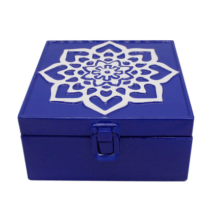 CVHOMEDECO. Rustic Metal Decorative Box Vintage Galvanized Storage Box with Lid and Hinged Square Stash Boxes for Photos, Jewelry, Keepsake and Gifts. Blue