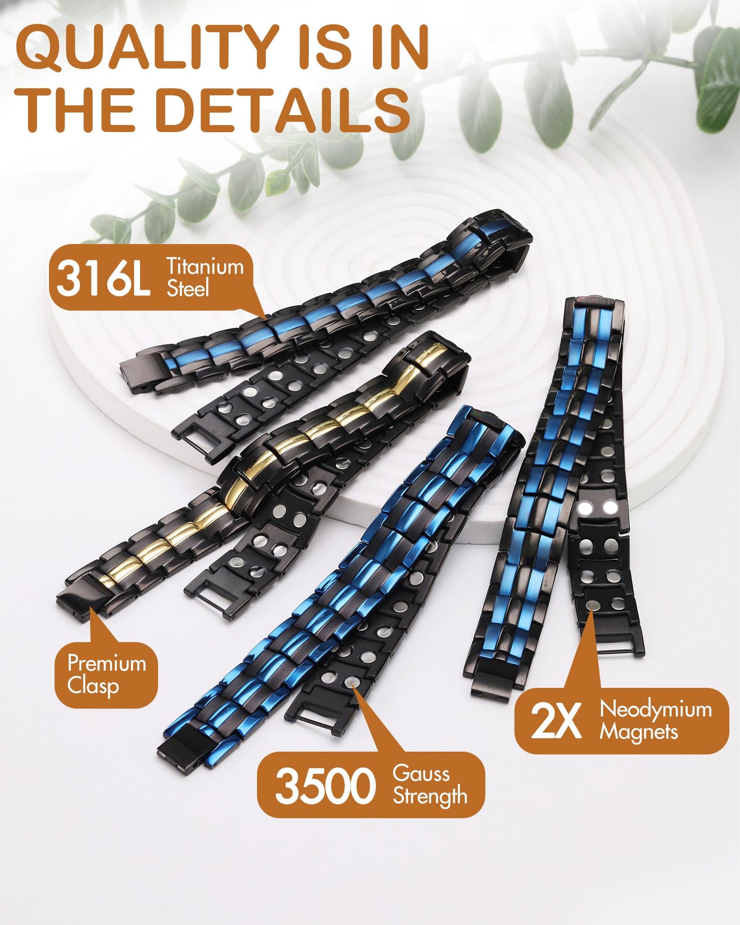 Feraco Magnetic Bracelet for Men Titanium Steel Magnetic Bracelet for Men with Double Row Magnets Adjustable (Black & Blue Line)