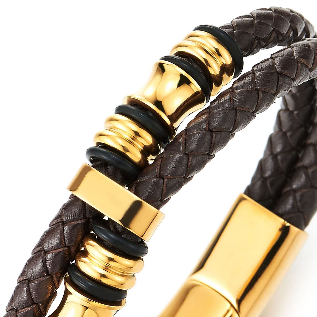 COOLSTEELANDBEYOND Mens Double-Row Braided Leather Bracelet Bangle Wristband with Stainless Steel Ornaments