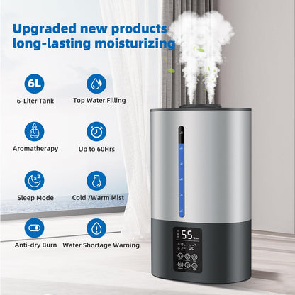 6L Humidifiers for Bedroom Large Room Home, Cool and Warm for Baby and Plants Mist Top Fill Desk Humidifiers Essential Oil Diffuser, Quiet with Adjustable Mist,360°Nozzle-Black
