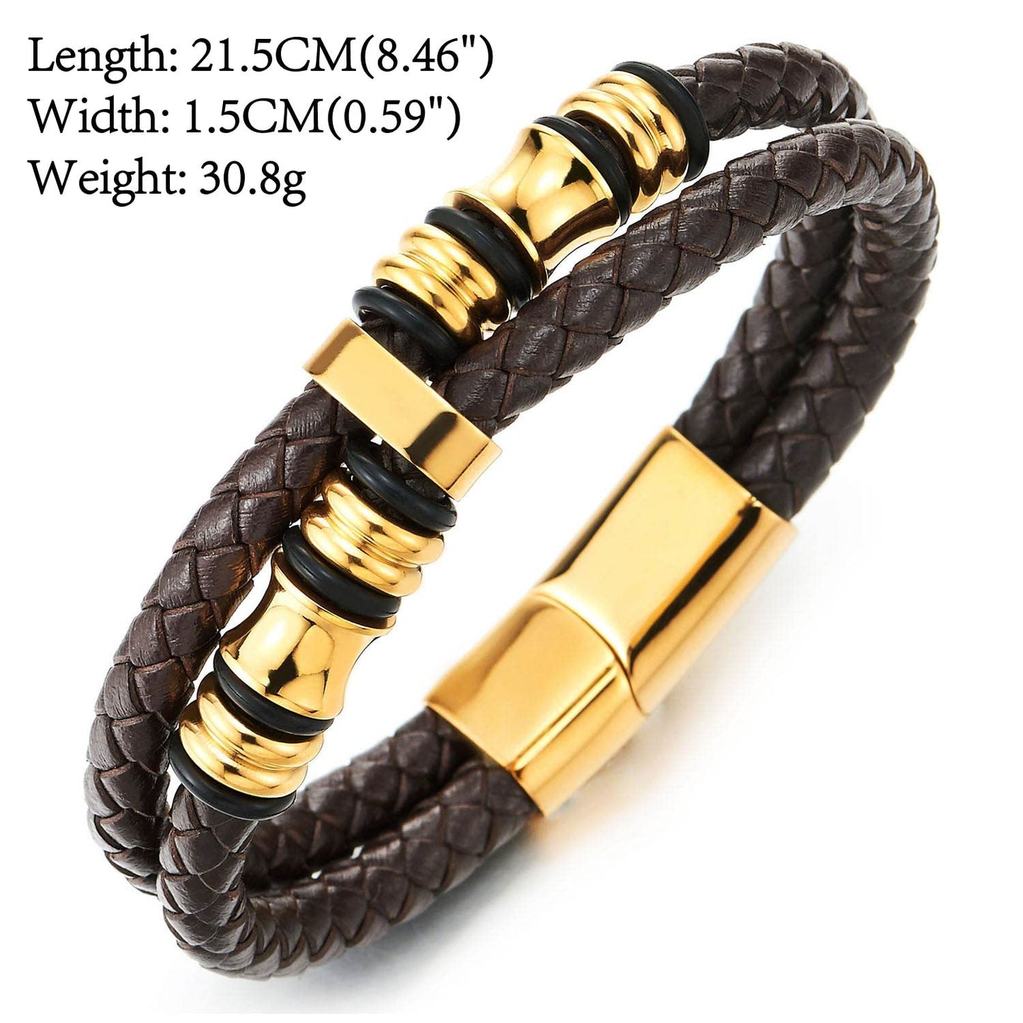 COOLSTEELANDBEYOND Mens Double-Row Braided Leather Bracelet Bangle Wristband with Stainless Steel Ornaments