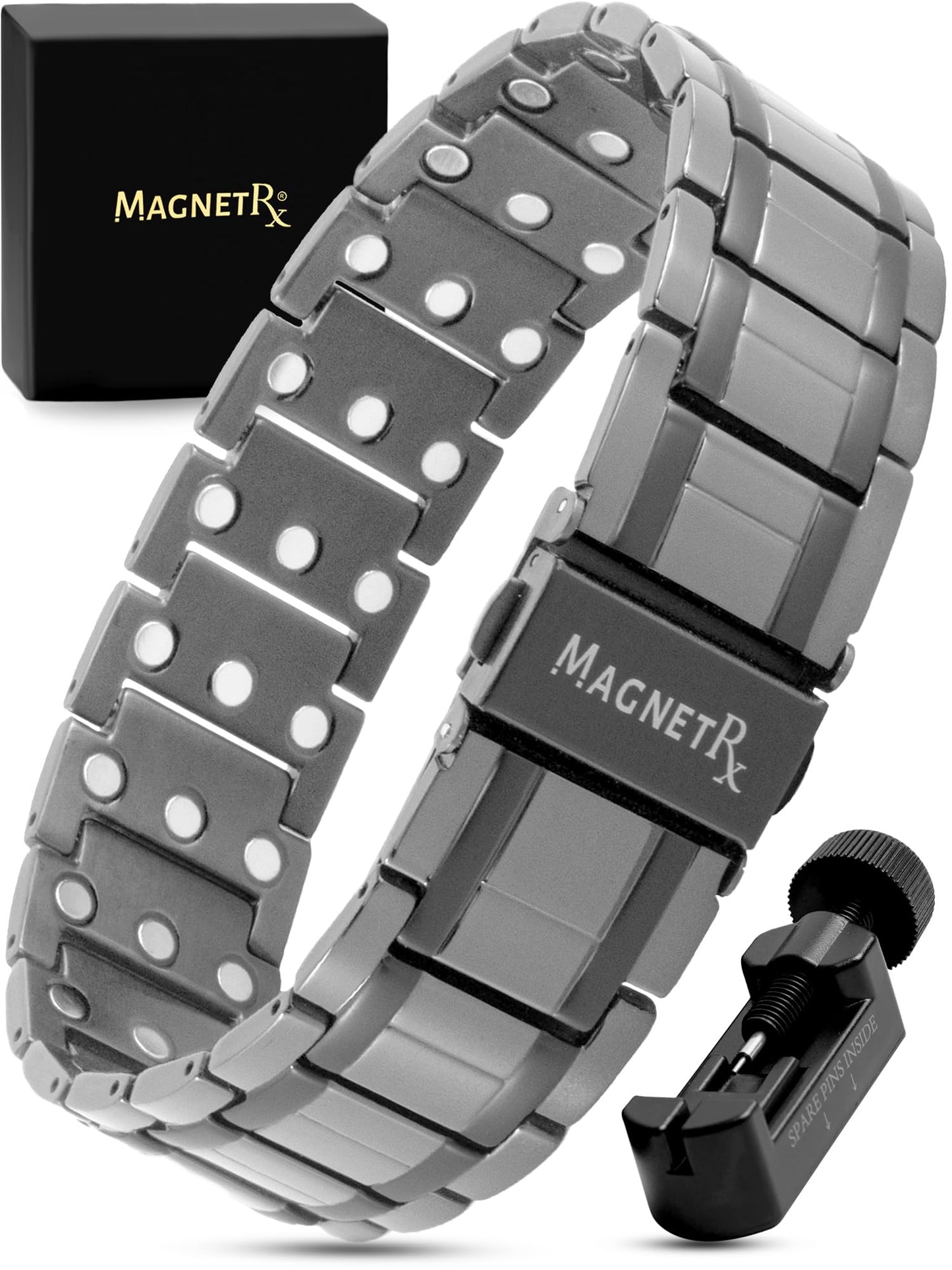 MagnetRX® 3X Strength Magnetic Bracelets for Men – Effective Titanium Mens Magnetic Bracelet – Premium Fold-Over Clasp & Adjustable Length with Sizing Tool & Gift Box (Black)