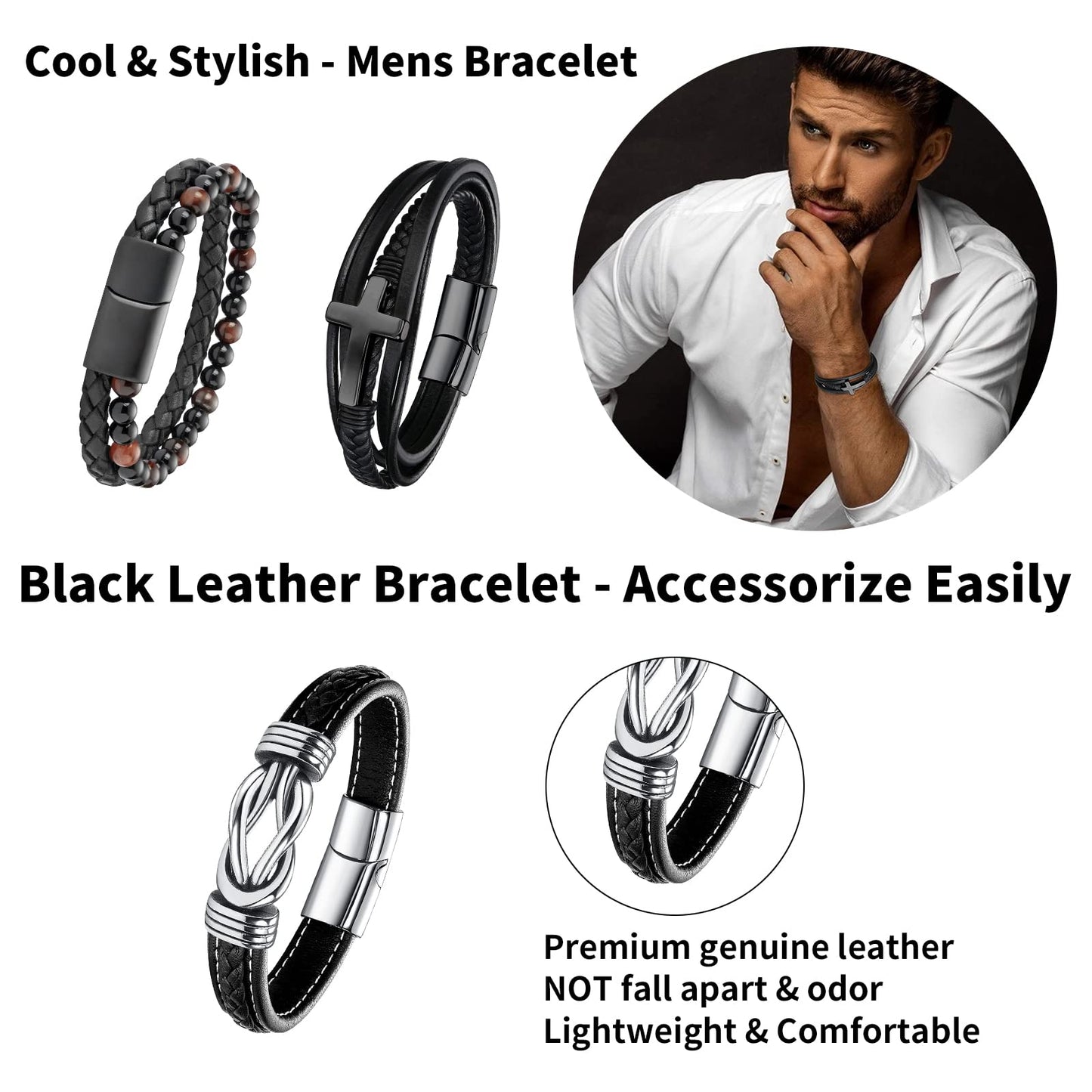 Black Leather Bracelets for Men Women 5pcs Mens Bracelet Leather and Steel Braided Cuff Bracelets