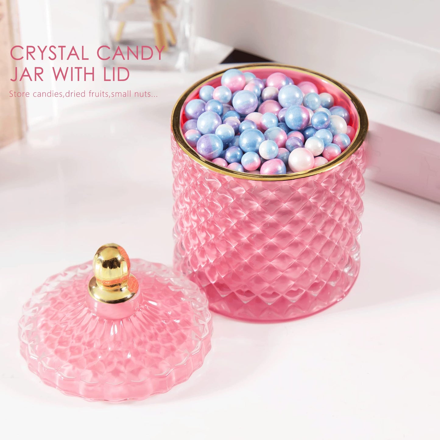 Pink Candy Jar, Glass Candy Dish with Lid, Crystal Apothocary Jars with Lids Glass Jewelry Box with Lids, Cute Glass Jar Gifts for Women