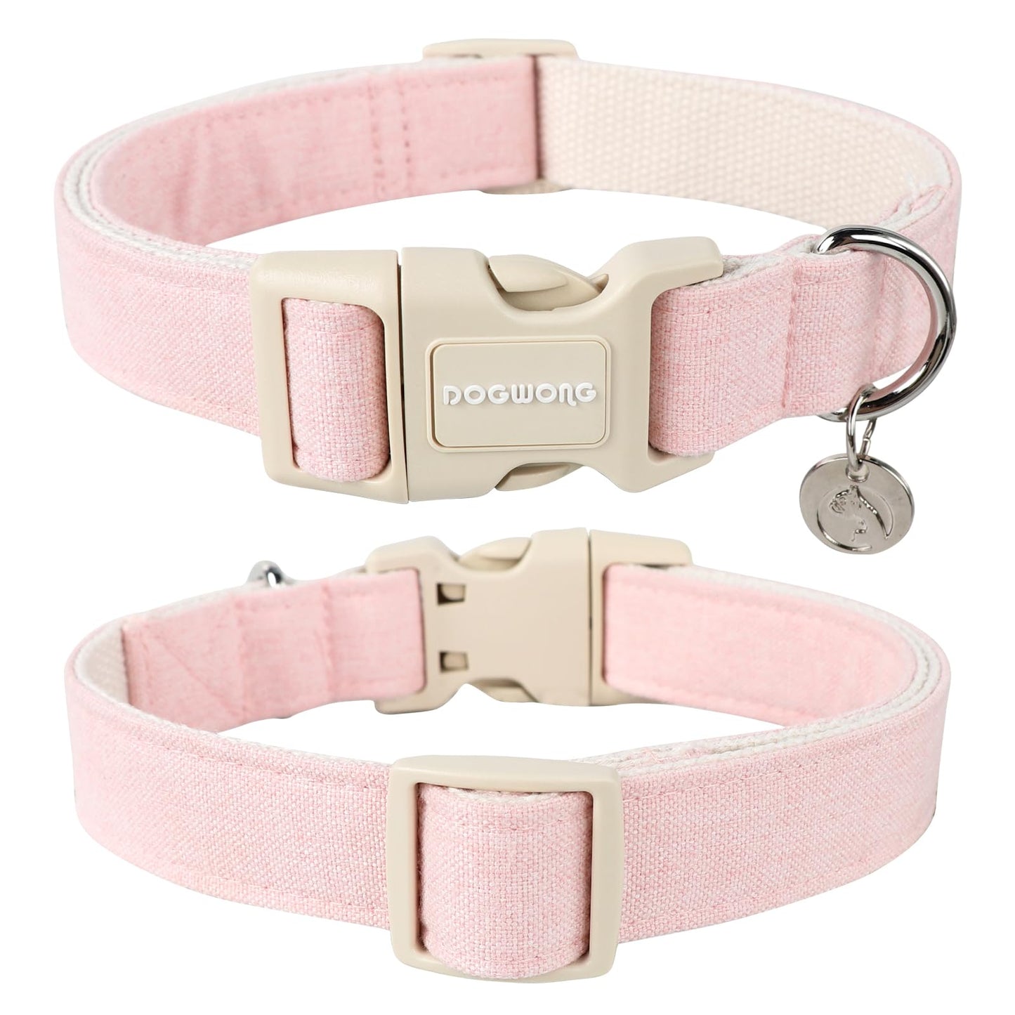 DOGWONG Cotton Hemp Dog Collar, Heavy-Duty Pink Dog Collar Durable Soft Natural Fabric Pet Dog Collar Cute Wedding Puppy Necklace for Small Medium Large Dog