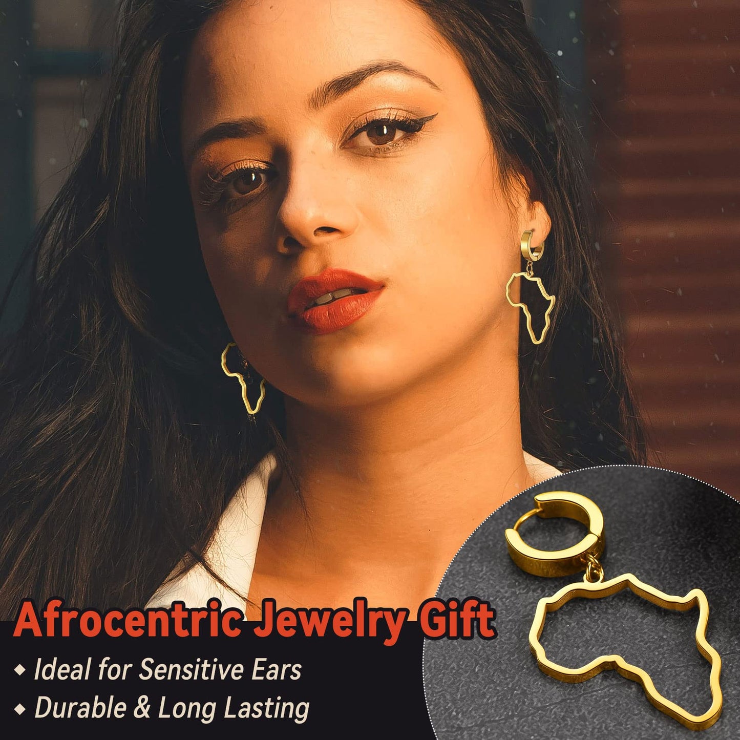 FaithHeart African Map Shaped Drop Earrings Stainless Steel/18K Gold Plated Statement Africa Jewelry Ear Charms for Women Teen Girls