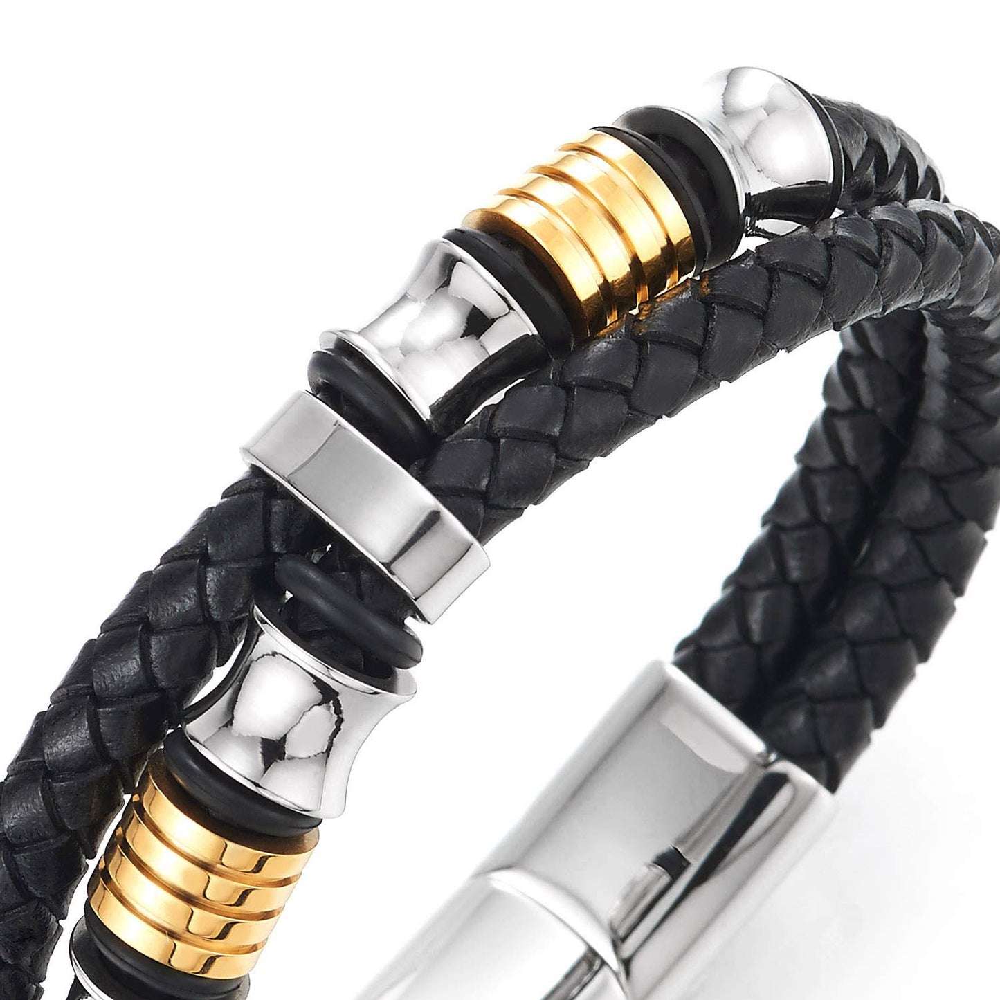 COOLSTEELANDBEYOND Mens Double-Row Braided Leather Bracelet Bangle Wristband with Stainless Steel Ornaments