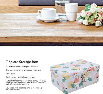 Retro Flamingo Leaves Tinplate Storage Box with Locks Keys Stash Box Lock Box Stash Box With Lock Stash Box Combos Multi-Purpose Rectangular Tin Box