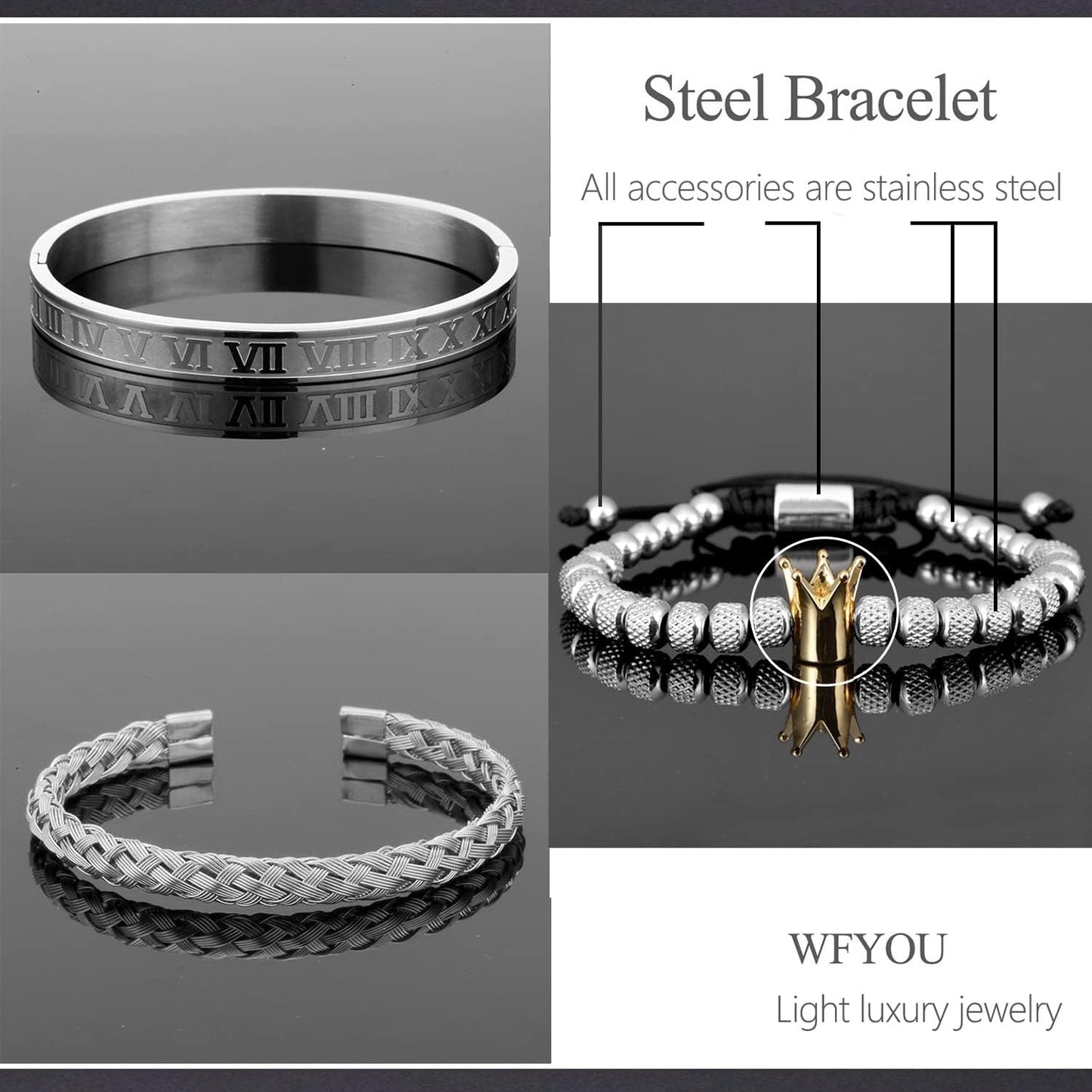 WFYOU 3PCS Stainless Steel Bracelets for Men Gold Roman Numeral Bangle Bracelet Twisted Cable Bracelet Adjustable Cuff Bracelet Mens Luxury Jewelry Bracelets Gifts