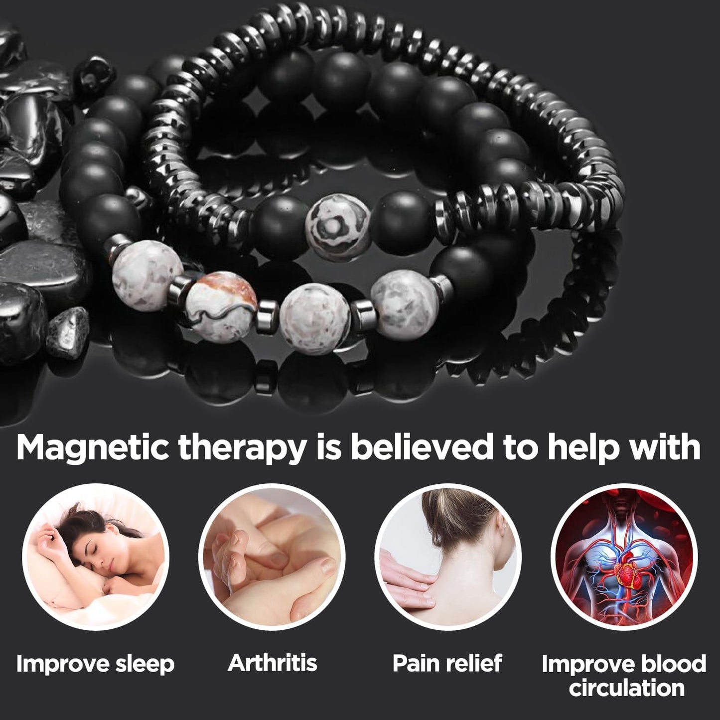 Magnetic Healing Bracelet Arthritis Pain Relief, STCORPS7 Weight Loss Energy Healthy Jewelry Therapy Heal Sleep,Hematite Bracelet for Men Women, Crystal Bring Luck and Prosperity and Happiness