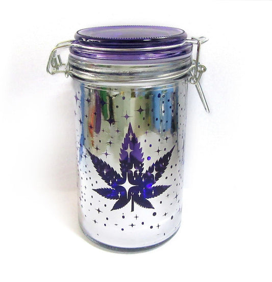 TMI Stash Jars Large 6inch Tall Airtight Glass Herb Storage Jar - See-through Galactic Pot Leaf Design in Metallic Silver, Purple Glass