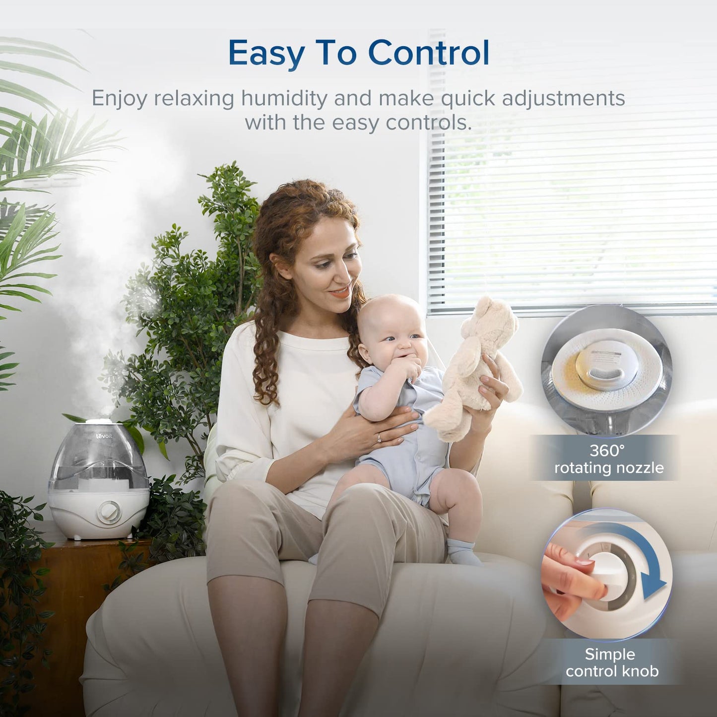 LEVOIT Humidifiers for Bedroom, Quiet (3L Water Tank) Cool Mist Top Fill Essential Oil Diffuser with 25Watt for Home Large Room, 360° Nozzle, Rapid Ultrasonic Humidification for Baby Nursery and Plant