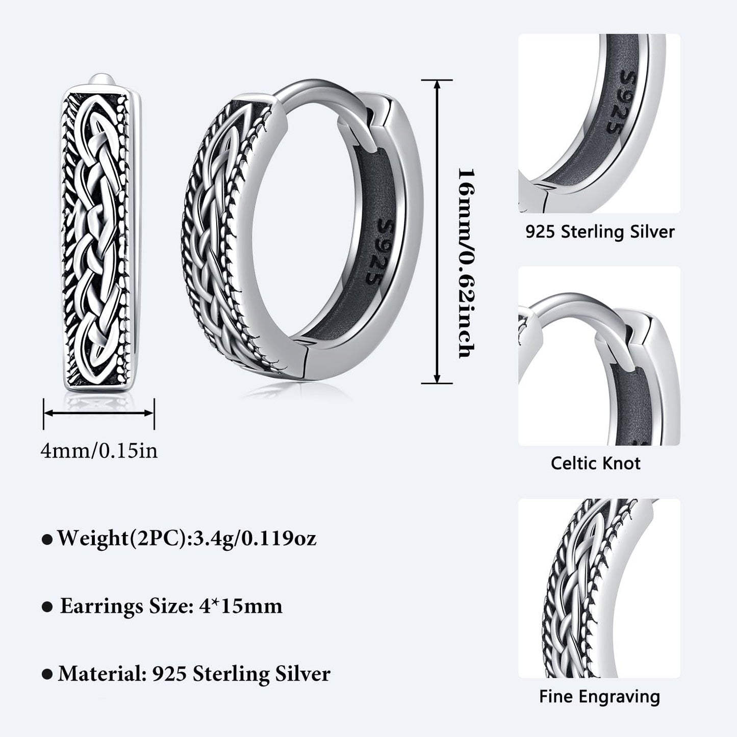 Odinstone Viking Earrings for Men Women, Norse Viking Hoop Earrings Rune Hollow-Carved Design 925 Sterling Silver Huggie Hoops Earrings Jewelry Gift