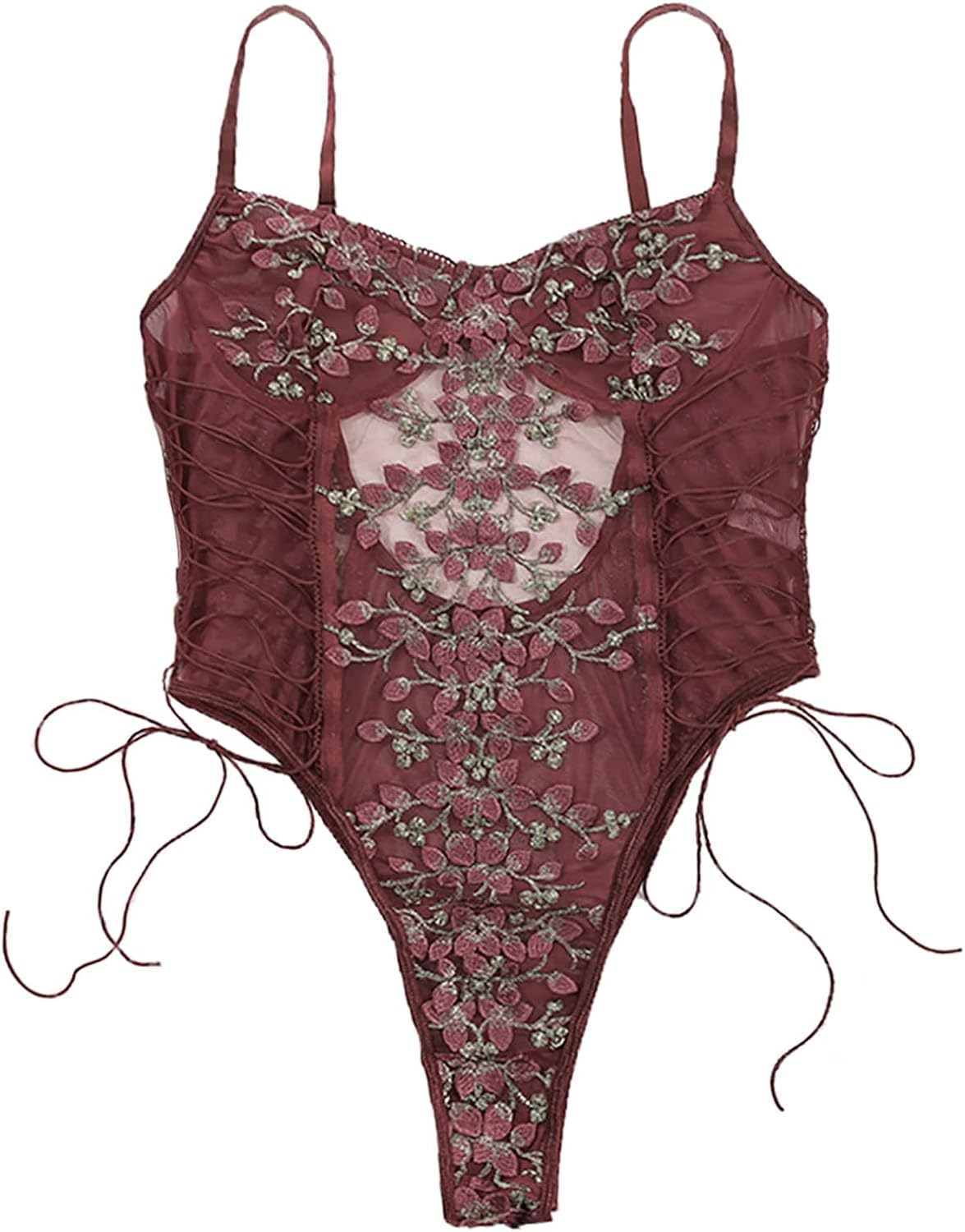 Lilosy Women Sexy Lace Up Floral Embroidered Teddy Lingerie Bodysuit Top Mesh Sheer One Piece