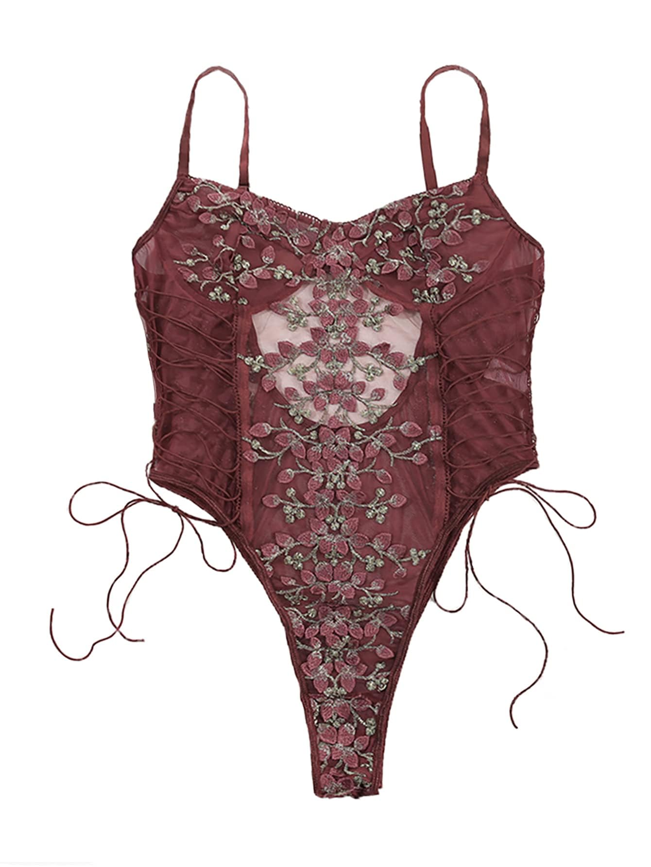 Lilosy Women Sexy Lace Up Floral Embroidered Teddy Lingerie Bodysuit Top Mesh Sheer One Piece