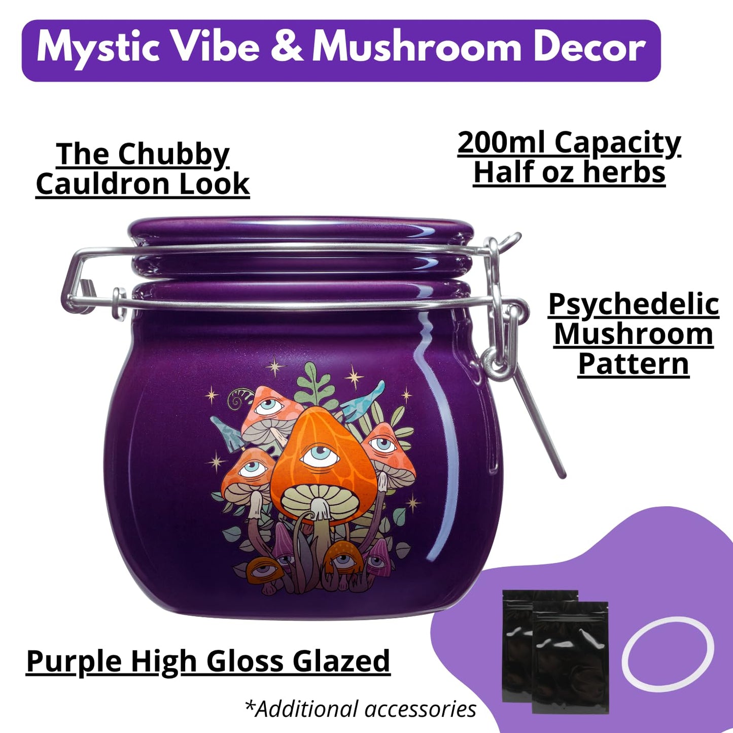 Herbs Stash Jar - Witchy Storage Jar, Smell Proof Stash Container Cute Mushroom Pottery Jar, Cauldron Stash Canister with Airtight Lid, Decorative Jar for Wicca Moon Magick Altar Easter Gifts Ideas