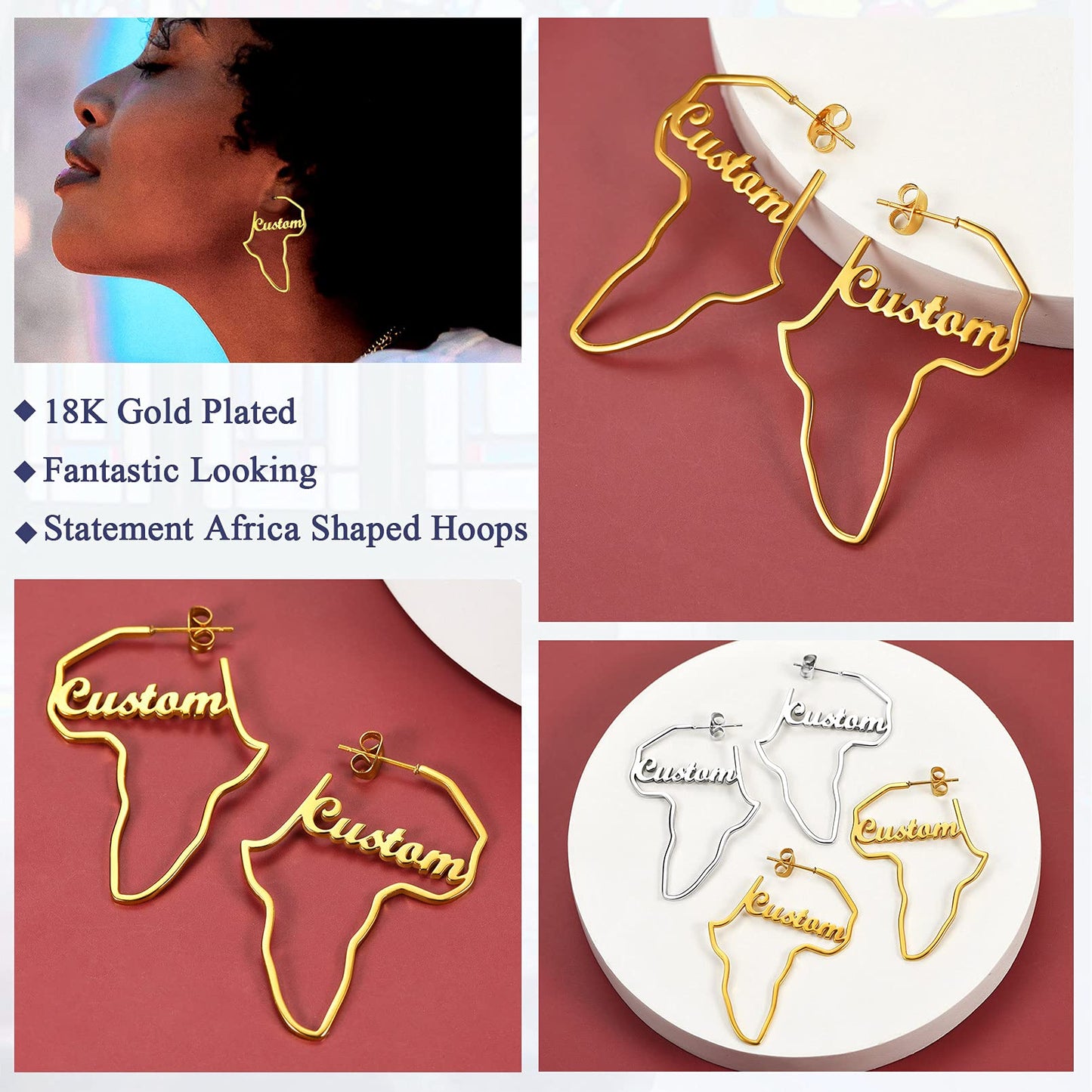 FaithHeart African Map Shaped Drop Earrings Stainless Steel/18K Gold Plated Statement Africa Jewelry Ear Charms for Women Teen Girls