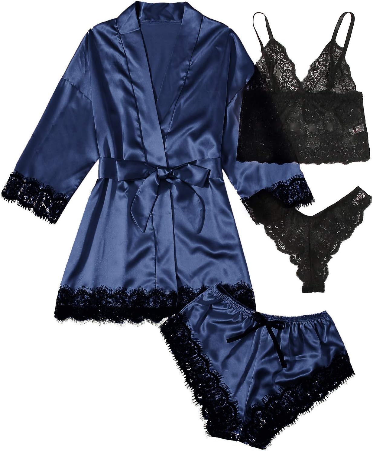 WDIRARA Women' Silk Satin Pajamas Set 4pcs Lingerie Floral Lace Cami Sleepwear with Robe