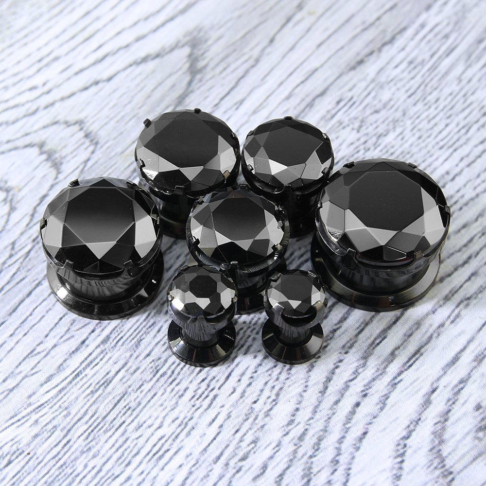 ZS Black CZ Stone Ear Gauges Stainless Steel Screw Plugs Tunnel Ear Expander Stretcher Piercing