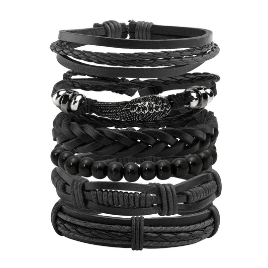 6PCS Braided PU Leather Bracelet Punk Cuff Wrap Bracelets for Men Women Adjustable Black