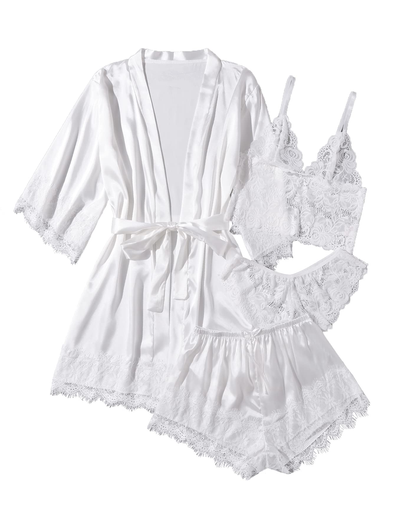 WDIRARA Women' Silk Satin Pajamas Set 4pcs Lingerie Floral Lace Cami Sleepwear with Robe