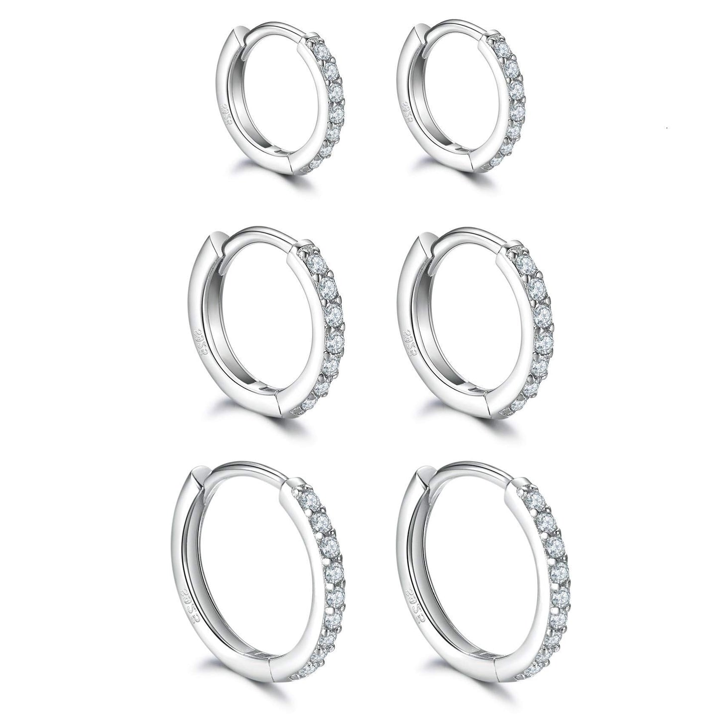 925 Sterling Silver Small Hoop Earrings Cubic Zirconia Huggie Hoop Earrings, 3 Pairs 14K White Gold Plated Cartilage Piercing Earrings Ear Cuff Tiny Hoop Earrings for Women Men