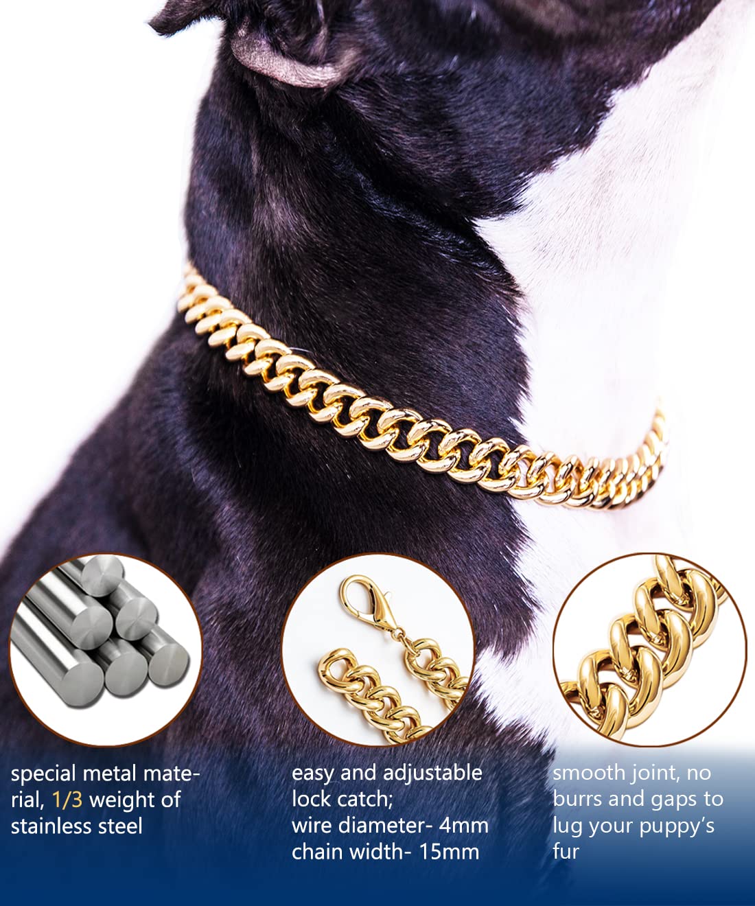 Gold Chain Dog Collar-15mm Cute Dog Collar Pet Gold Necklace Bulldog Light Metal Puppy Jewelry 20" Chain Puppy Costume