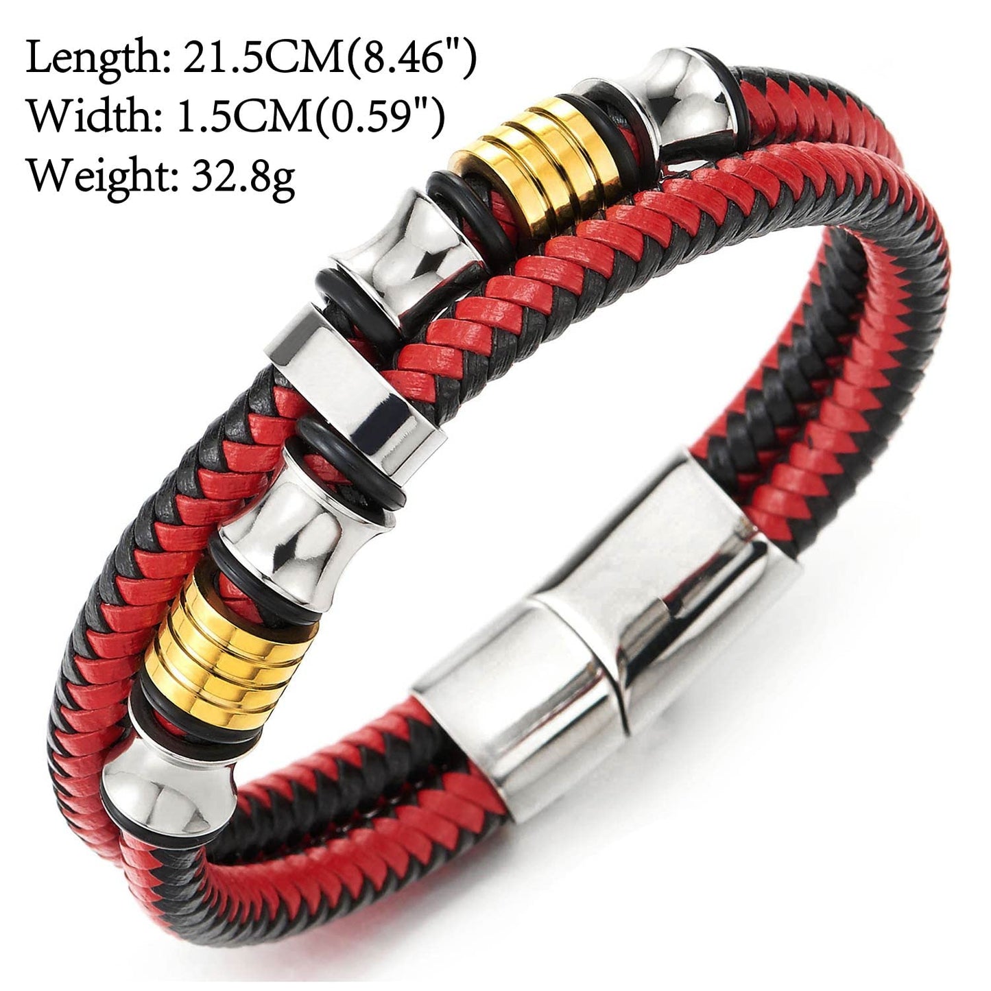 COOLSTEELANDBEYOND Mens Double-Row Braided Leather Bracelet Bangle Wristband with Stainless Steel Ornaments