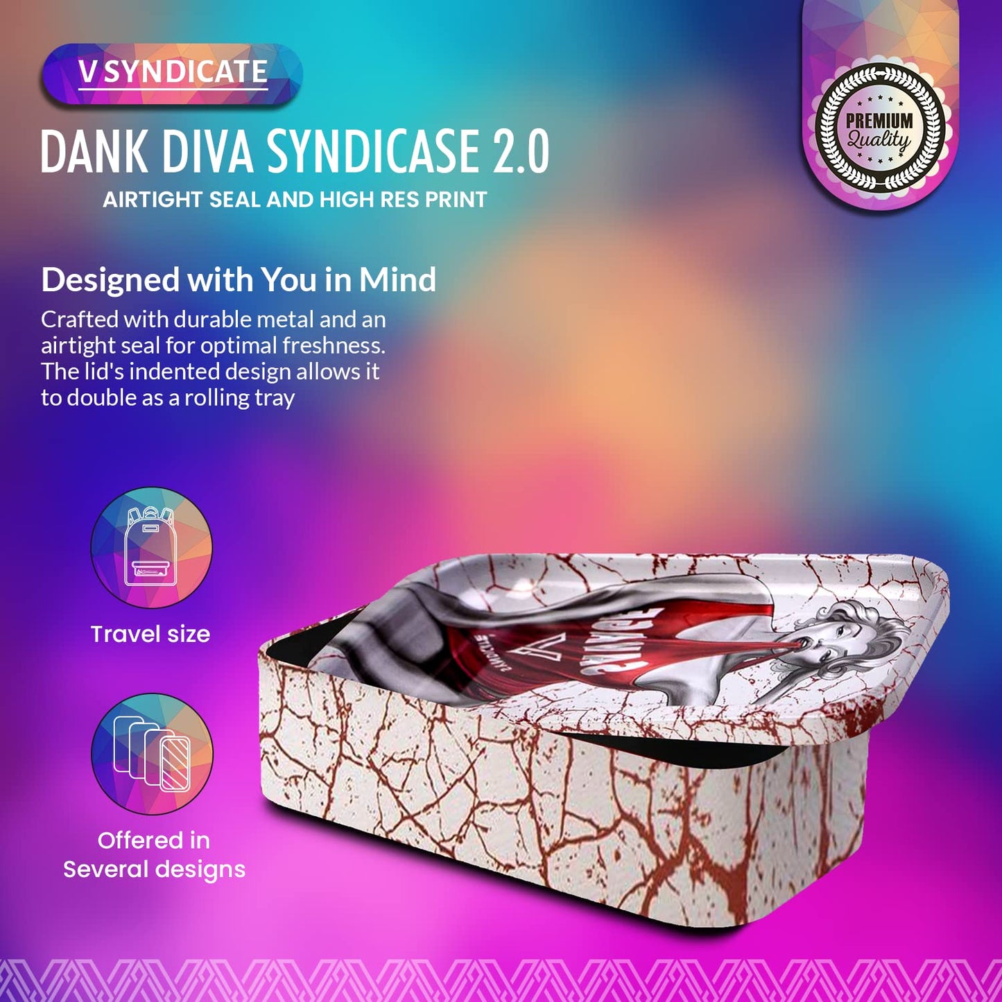 V. Syndicate 5" x 2.8" x 1.5" Mini Metal Storage Box with Lid - Airtight Lid to Avoid Moisture - Flex Your Style with 360 Print of Original Interactive Artwork on All Sides (Syndicase 2.0, Dank Diva)